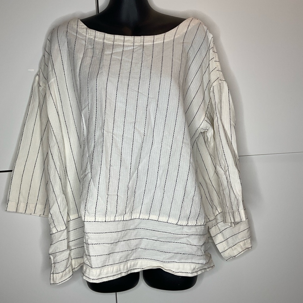 Eileen Fisher natural Gauze Striped Blouse Sz Large boat neck